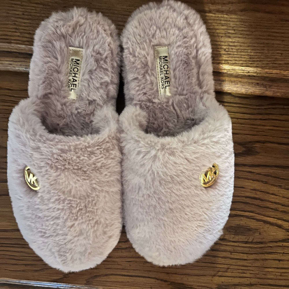 Michael Kors Plush Slippers with Gold Emblem